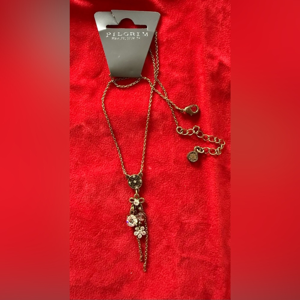 New Pilgrim Clear Crystal, Gold and Black Floral Charm Necklace